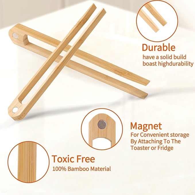 Jowmoy 1 Pieces With Magnet Natural Bamboo Toast Tongs, toast tongs, bamboo tongs,slip Design,for Toaster,Fruits, Bread & Pickles, Kitchen Utensil, Salad, Pasta, Grilling, BBQ.