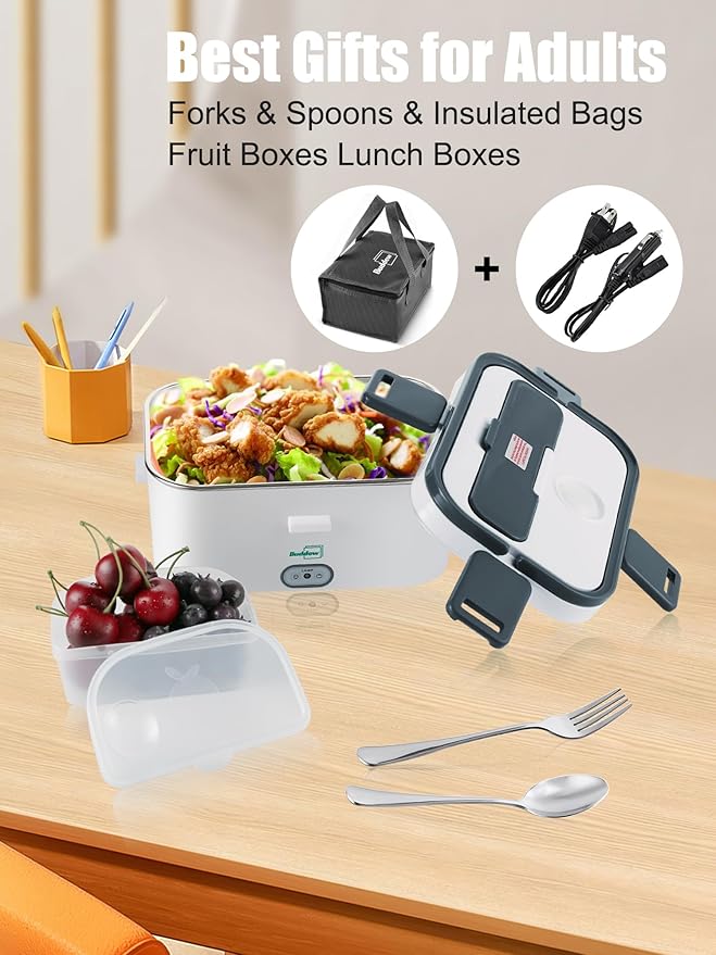 Buddew Electric Lunch Box for Adults, 80W Heated Lunch Box 1.8L Stainless Steel Portable Food Warmer,12/24/110V Lonchera Electrica Portatil for Travel & Work, Loncheras para Hombres de Trabajo(Gray)