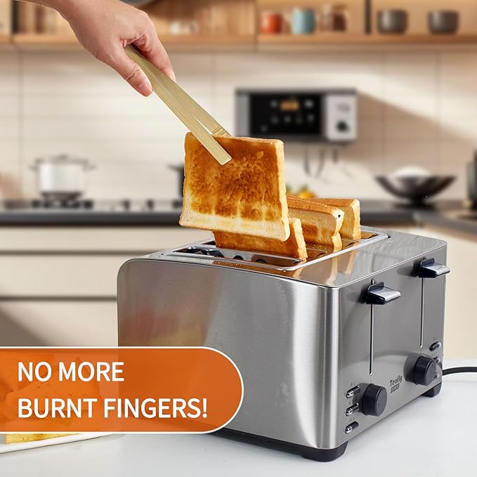 4 Pieces Natural Bamboo Toast Tongs, bamboo,10.2 Inches Long Tongs with Anti-slip Design,for cooking, toaster.