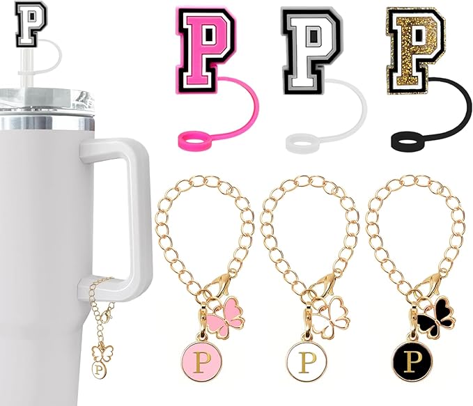 （3 +3) Nuozme Straw Cover Compatible with Stanley Tumbler Cup 3PCS Letter Straw Caps Toppers with 3 Initial Butterfly Charms Name ID For Stanley 30&40 Oz Cup