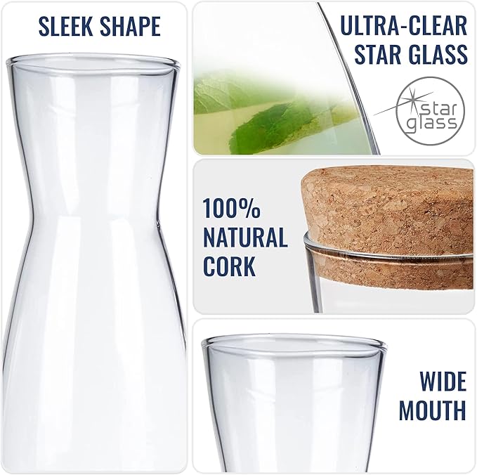 Bormioli Rocco Ypsilon Carafe with Cork Top - 18.5 oz Star Glass Water Pitcher & Juice Carafe with Modern Design Wide Mouth for Ice - Stylish Drinkware for Kitchen or Entertaining, Made in Italy