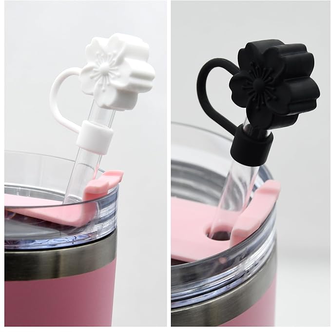 Flower Silicone Straw Cover Cap for Stanley Cup, 10 mm 0.4 in Reusable Topper Tips Lids, Gift for Party Decor (2pcs Black 2pcs White Cherry Blossom)