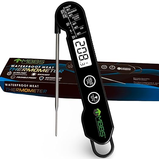 MBBS Meat Thermometer Digital with Foldable Probe | Instant Read, Ultra Fast & Backlit | 100% Waterproof (IP66) | for Kitchen, BBQ, Grill, Smoker | °C/°F Switchable (Black)