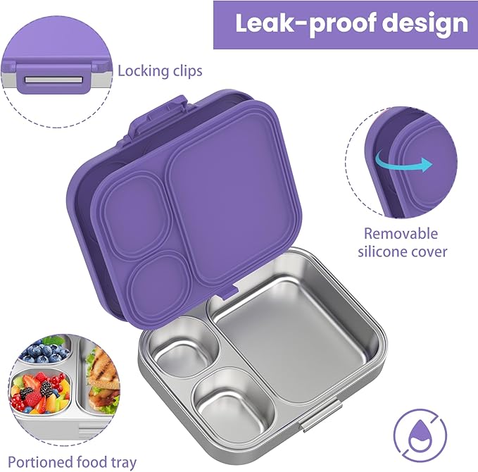 Stainless Steel Bento Lunch Box for Kids | 3-Compartment Lunch Box Container Kids | 100% Leakproof, Eco-Friendly, Perfect Portion Control for Kids&Adult Healthy Meals (Purple)
