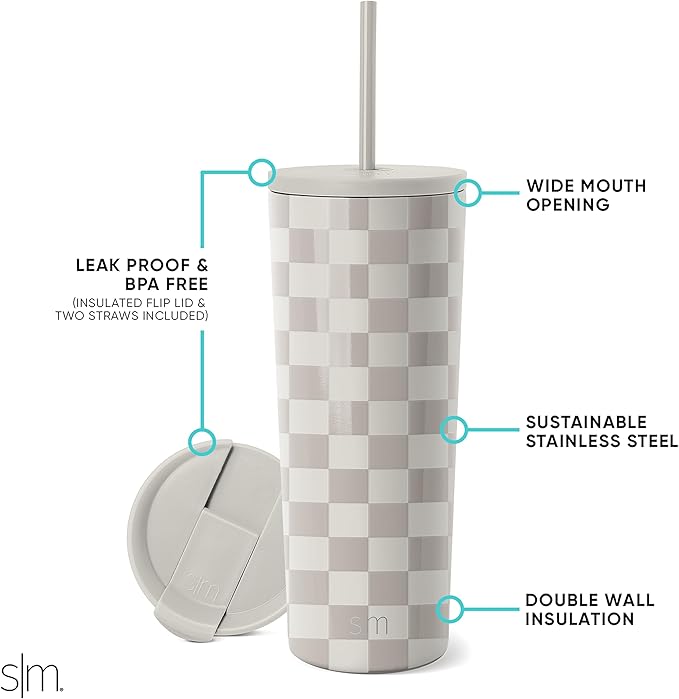 Simple Modern Insulated Tumbler with Lid and Straw | Iced Coffee Cup Reusable Stainless Steel Water Bottle Travel Mug | Gifts for Women Men Her Him | Classic Collection | 24oz | Checkmate