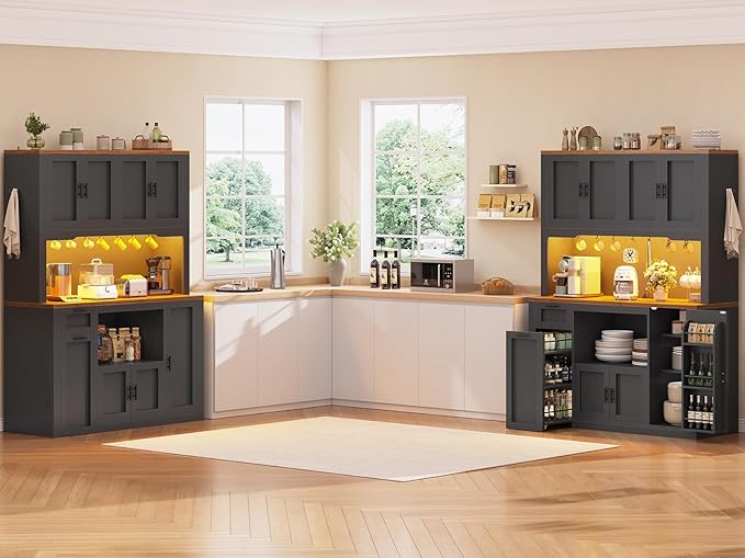 Itaar 71" Pantry Cabinet with Charging Station and LED Light, Kitchen Pantry Cabinet with Microwave Stand, 47.2" Wide Kitchen Storage Cabinets with Storage Cart 3 Tier for Dining Room, Black