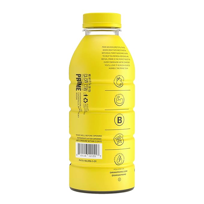 PRIME Hydration LEMONADE, Sports Drinks, Electrolyte Enhanced for Replenishing Fluids, 250mg BCAAs, B Vitamins, Antioxidants, Low Sugar, 16.9 Fl Oz, 12 Pack