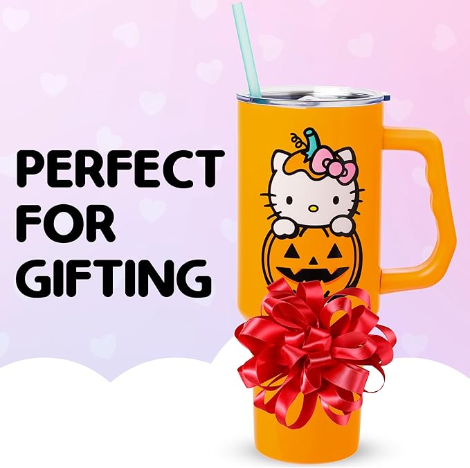 Silver Buffalo Sanrio Hello Kitty Halloween Jack-O-Lantern Stainless Steel Tumbler with Handle and Straw, Fits in Standard Cup Holder, 40 Ounces