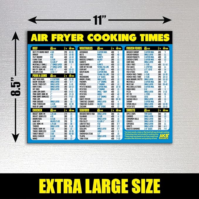 Air Fryer Cheat Sheet Magnet - Extra Large Easy to Read Airfryer Accessory - Magnetic Airfryer Cooking Times Chart, Kitchen Gadget Reference Guide for 90 Airfry Foods - Air Fryer Accessories (Blue)