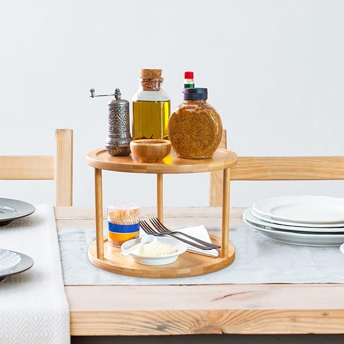 TB Home Two-Tier Bamboo Wood Lazy Susan Organizer Kitchen Turntable for Cabinet, Table or Pantry Organization