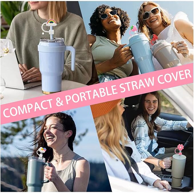 Flower Straw Cover Cap for Stanley Cup Silicone Straw Topper Compatible with 30 and 40 Oz Tumbler with Handle,Straw Tip Covers 10 mm 0.4 in for Straw Tip Covers (6pcs Rainbow Flower Strawberry)