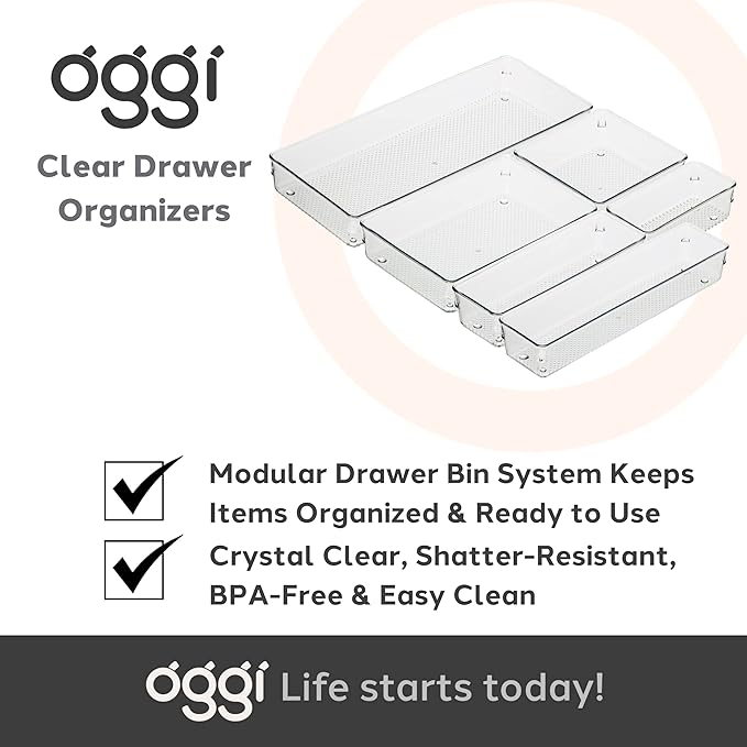 Oggi Clear Drawer Organizer | 6" x 15" | Pack of 2 | For Kitchen & Office | For Bathroom Storage