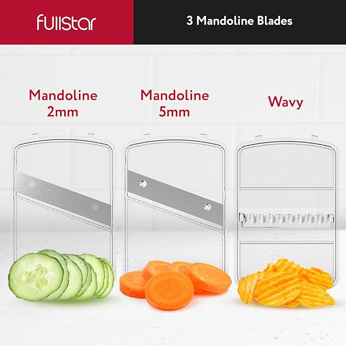 Fullstar Mandoline Slicer for Kitchen, Fruit Cutter, Cheese Grater, Cucumber Slicer, Veggie Spiralizer, Food Cutter & Kitchen Gadgets & Gifts with Safety Glove (11 in 1, Clear)