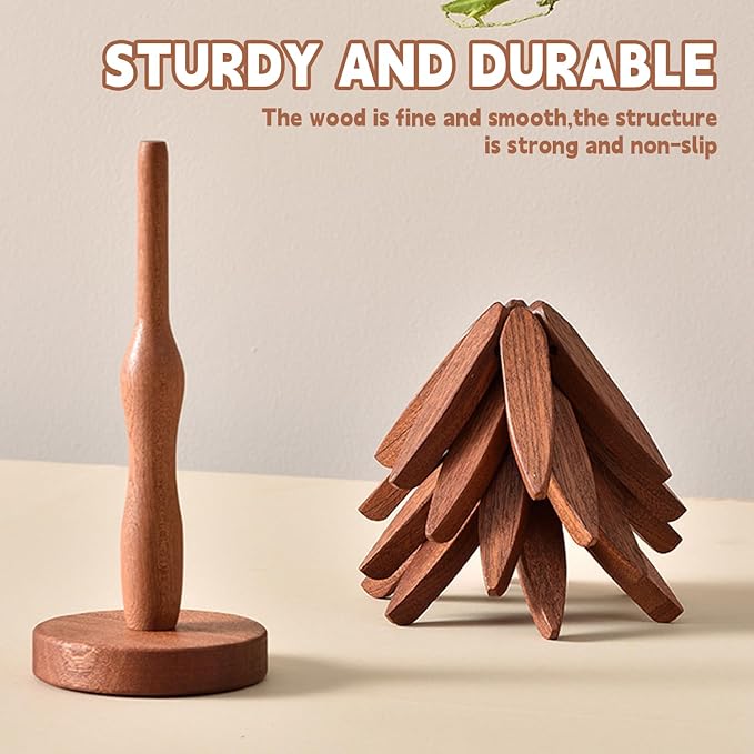 Wooden Trivets for Hot Dishes, Tree Shape Trivet Set, 4 Walnut Wood + 1 Stand stored Like a Christmas Tree,Foldable Kitchen Wooden Trivet,for Hot Dishes、Pot、Bowl、Teapot、Hot Pot Holder(Walnut Wood)