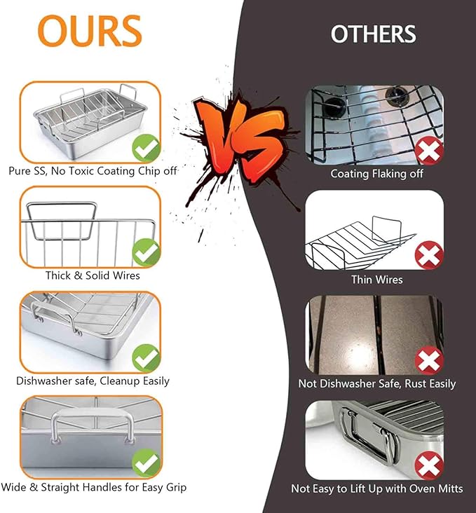 TeamFar Stainless Steel Roasting Pan, 16 Inch Large Turkey Roaster Lasagna Pan with V Rack & Cooling Rack Set for Roasting, Baking, Healthy & Heavy Duty, Deep Side & Dishwasher Safe - 3 PCS