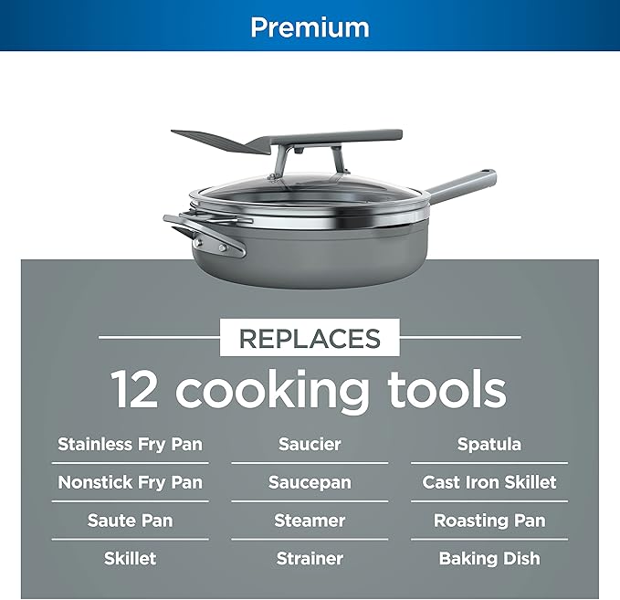 Ninja Foodi NeverStick 4 Quart Pan with Lid, Strainer, & Spatula, Oven Safe, Sea Salt Grey