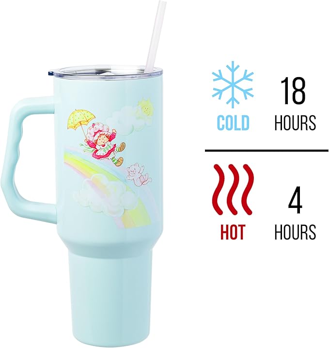 Silver Buffalo Strawberry Shortcake and Custard Stainless Steel Tumbler with Handle, Fits in Standard Cup Holder, 40 Ounces