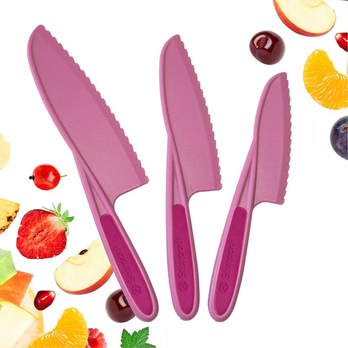 Starpack 'Finger Loving' Kid Safe Kitchen Knife Set of 3 - Kids Knife Set for Real Cooking - Serrated Edges Toddler Knife Sets for 3+ Year Olds - Montessori Knife Sets - BPA-Free Nylon Knives for Kids