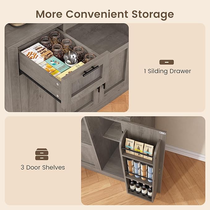 Itaar 71" Pantry Cabinet with Charging Station and LED Light, Kitchen Pantry Cabinet with Microwave Stand, 47.2" Wide Kitchen Storage Cabinets with Storage Cart 3 Tier for Dining Room, Grey