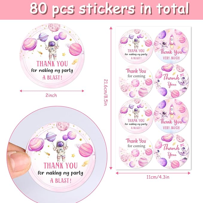Serencatcher 80pcs Pink Space Thank You Stickers, Outer Space Party Decorations - Image 2