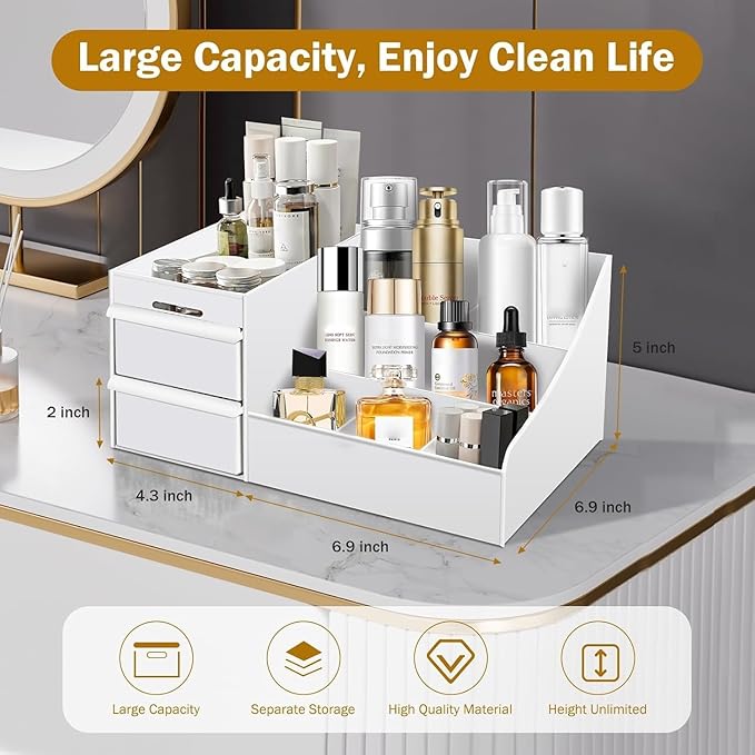 Large Makeup Organizer with Drawers - Multi-Functional Vanity and Countertop Storage for Cosmetics, Skincare, Perfume, Nail Polish, Brushes - Compact Desk and Bathroom Organizer for Women’s Gifts
