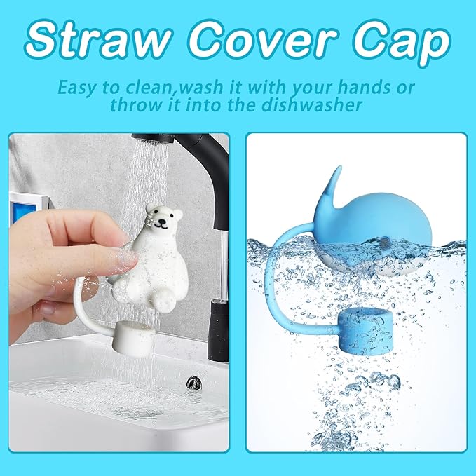 6PCS Cute Animal Silicone Straw Cover Cap for Stanley 30&40 Oz Tumbler with Handle, Reusable, Lightweight, Dust-Proof, 10mm Straw Tips, Color 5