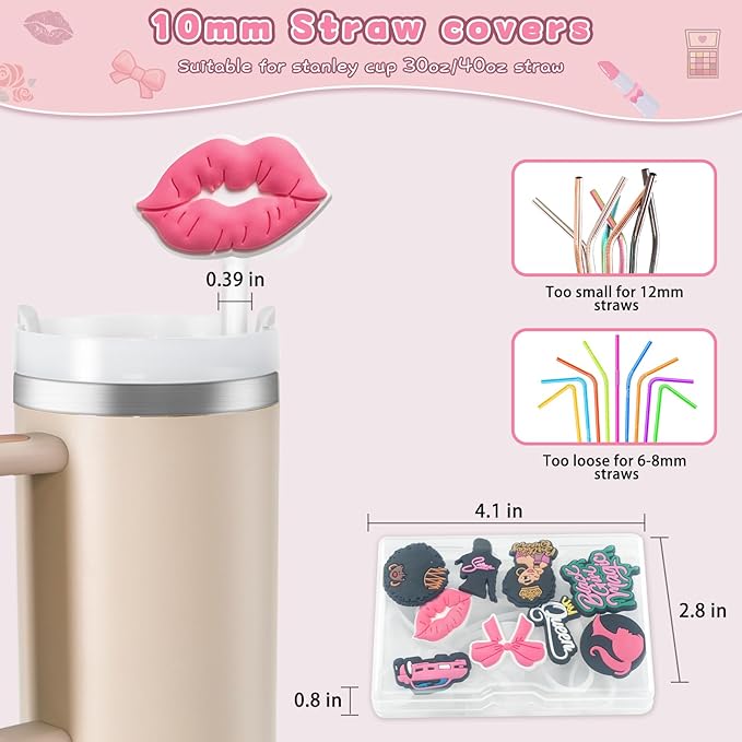 9PCS Straw Covers for Stanley Cup Tumbler 30 oz / 40 oz Leak Proof Straw Toppers 10mm Silicone Cute Caps for Stanley Cup Accessories-Black Girl