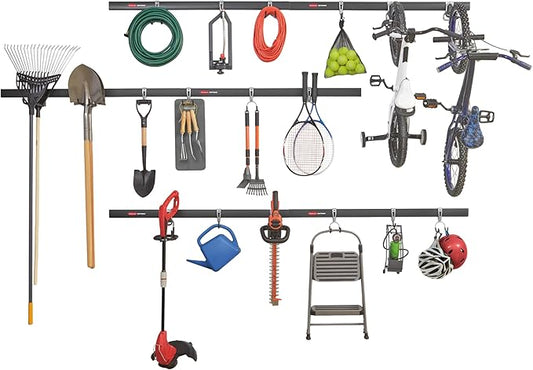 Rubbermaid 24-Piece FastTrack Garage Wall-Mounted Storage Kit, 6 Rails and 18 Hooks, Black, for Home/House/Tool/Sports/Equipment/Utility Purposes