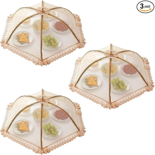 3-Pack Extra Large Food Cover, 32"x32" Pop-Up Food Nets, Mesh Food Covers Tent Umbrella for Outdoors, Screen Tents, Parties Picnics, BBQs, Reusable and Collapsible Food Tents