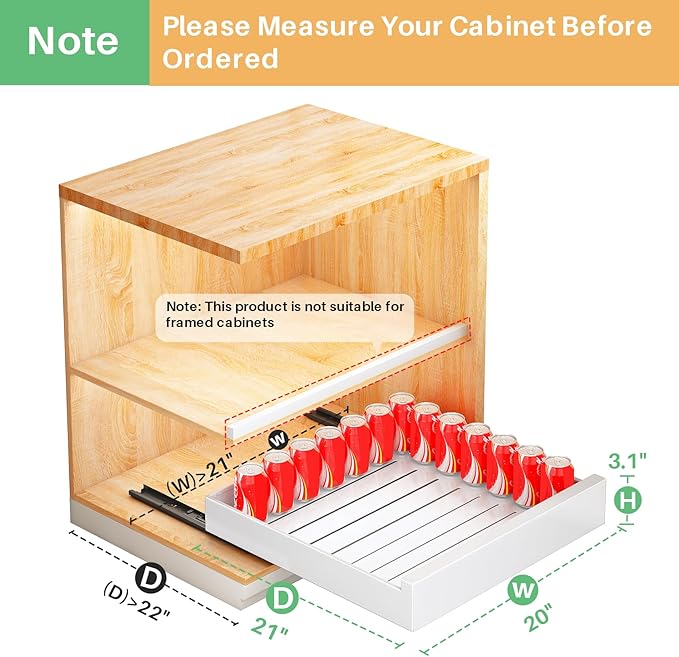 2Pack Pull out Cabinet Organizer, 21"Deep, 20"Wide Full-extension Heavy Duty Slide out Drawers Fixed with Adhesive Nano, Roll Out Shelves Sliding Cabinet for Kitchen,Bathroom,Pantry,Under Sink(White)