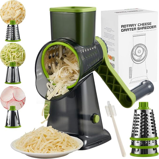 Rotary Cheese Grater hand crank, 3 Blades Cheese shredder with Stronger Suction Base | Stainless Steel Blades for Fruits, Vegetables, Nuts. Easy to Clean, Transparent Black & Green
