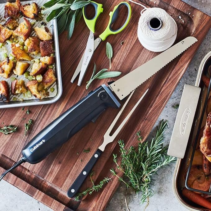 Cuisinart Electric Knife Set with Cutting Board, Electric Knife for Meat Slicing and Bread Slicing, Includes Bamboo Cutting Board for Kitchen and Serving Fork, CEK-41, Stainless Steel/Black