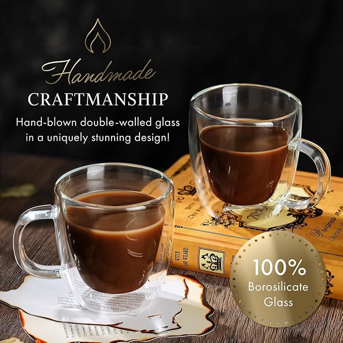 ELIXIR GLASSWARE Double Wall Espresso Shot Glass - 5.4 oz - Set of 2 Glass Coffee Mugs - Double Walled Glass Coffee Mugs, Insulated Clear Glass Espresso Mugs, Double Wall Insulated Glasses