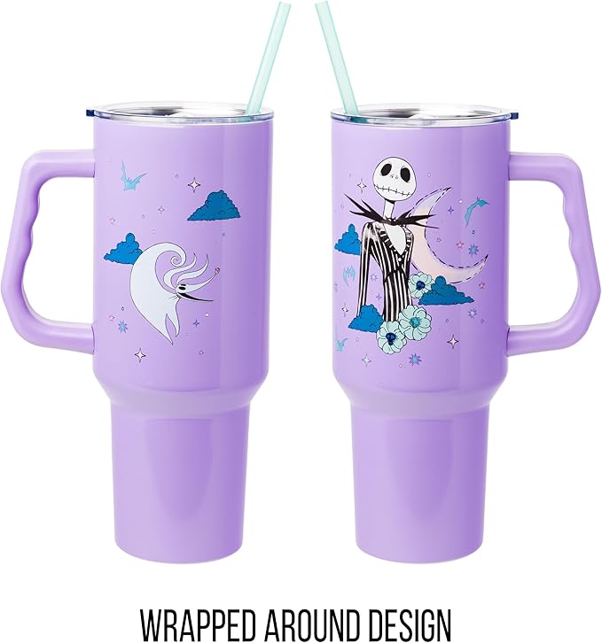 Silver Buffalo Disney Nightmare Before Christmas by Tim Burton Jack Skellington Stainless Steel Tumbler with Handle and Straw, Fits in Standard Cup Holder, 40 Ounces