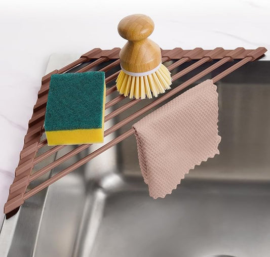 Tomorotec Compact Silicone-Coated Triangle Dish Drying Rack for Sink Corner - Foldable Stainless Steel Over-The-Sink Organizer and Storage Shelf (Coffee)