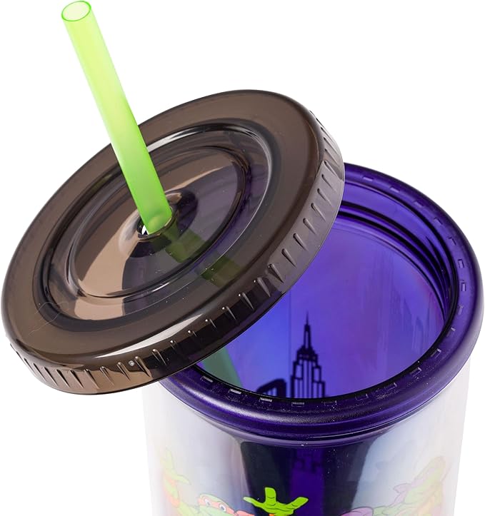 Silver Buffalo Teenage Mutant Ninja Turtles TMNT Featuring Leonardo, Raphael, Donatello, and Michelangelo Plastic Tall Cold Cup with Lid and Straw, 20 Ounces