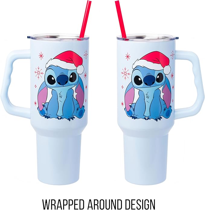 Silver Buffalo Disney Lilo and Stitch Christmas Holiday Santa Hat and Snowflakes Stainless Steel Tumbler with Handle and Straw, Fits in Standard Cup Holder, 40 Ounces