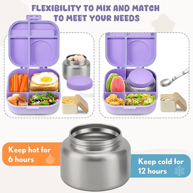 Bento Lunch Box with 12oz Soup Thermo,4 Compartments Lunch Box Containers, Spoon&Sauce Jar, BPA Free&Leak proof,Insulated Food Jar for Travel(Purple)
