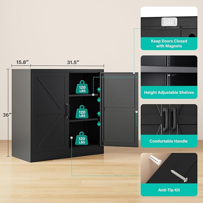 Black Storage Cabinet with Doors and Adjustable Shelves,36" Tall Farmhouse Food Pantry Cabinets,Small Sideboard Cabinet,Short Metal Storage Cabinets for Home Kitchen,Dining/Living/Laundry/Room