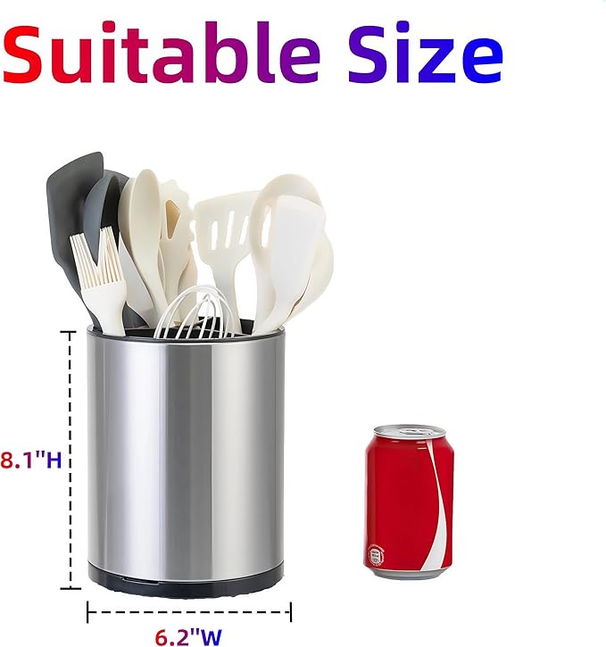 Utensil Holder,Large 360°Rotating Kitchen Utensil Holder For Counter,Cooking Silverware Organizer Stainless Steel Caddy Flatware Spoon Spatula Tool Cutlery Container