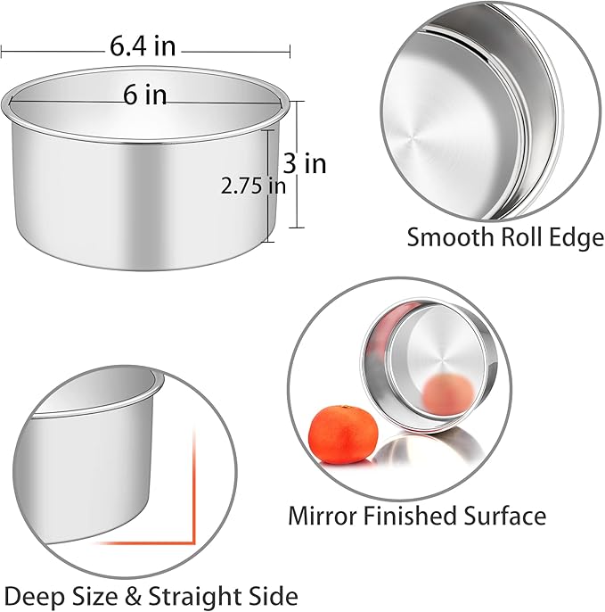 TeamFar 6 Inch Cake Pan Set of 3, 6” x 3” Round Cake Pan Deep Tier Baking Tins Stainless Steel, For Birthday Wedding Party, Healthy & Toxic Free, Deep & Straight Size, Oven & Dishwasher Safe