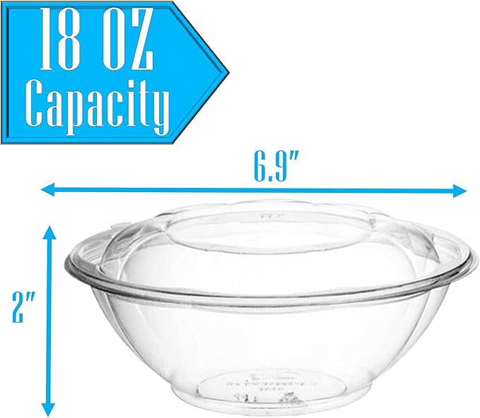 Mr Miracle Clear 18 Ounce Plastic Salad Bowls with Snap-On Lids. Pack 50. Airtight Disposable Salad Containers for Lunch, Meal Prep, Parties. Ideal as Disposable Salad Bowls with Lids
