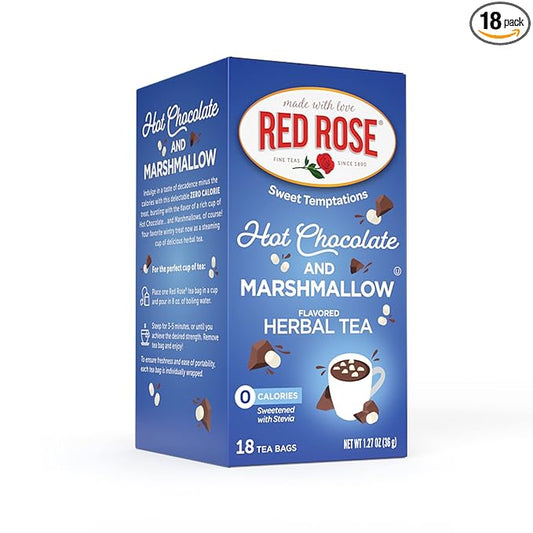 Red Rose Sweet Temptations Dessert Tea Hot Chocolate with Marshmallow, Zero Carbs, Zero Sugar Bursting with Flavor Caffeine-Free Delicious Beverage Herbal Tea, 18 Count Naturally Flavored Herbal Tea