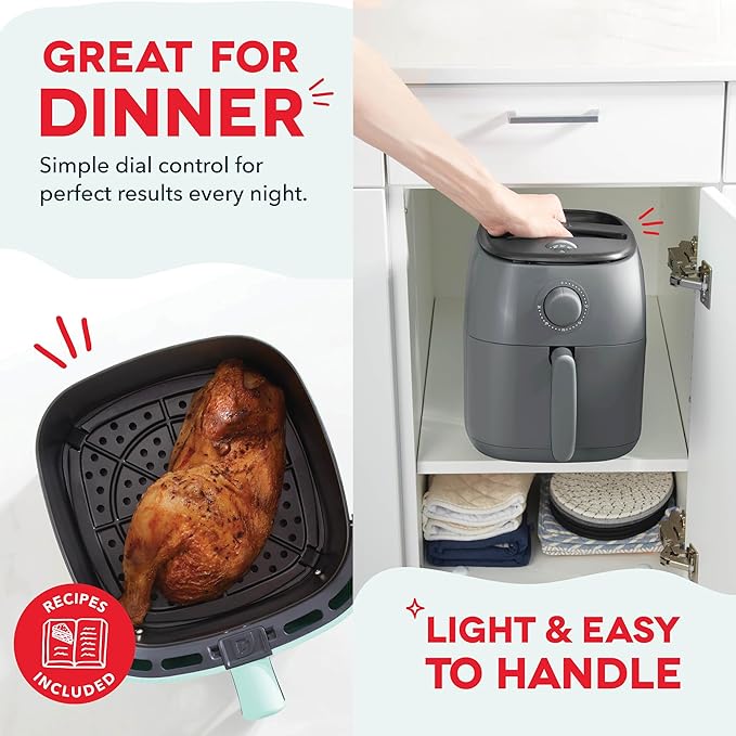 DASH Tasti-Crisp™ Electric Air Fryer Oven, 2.6 Qt., Grey – Compact Air Fryer for Healthier Food in Minutes, Ideal for Small Spaces - Auto Shut Off, Analog, 1000-Watt