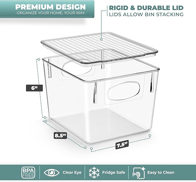 Sorbus Medium Plastic Storage Bins with Lids (8 Pack) – Clear Bins for Kitchen, Pantry, Fridge, Cabinet, and Refrigerator Organization – Stackable Storage Containers