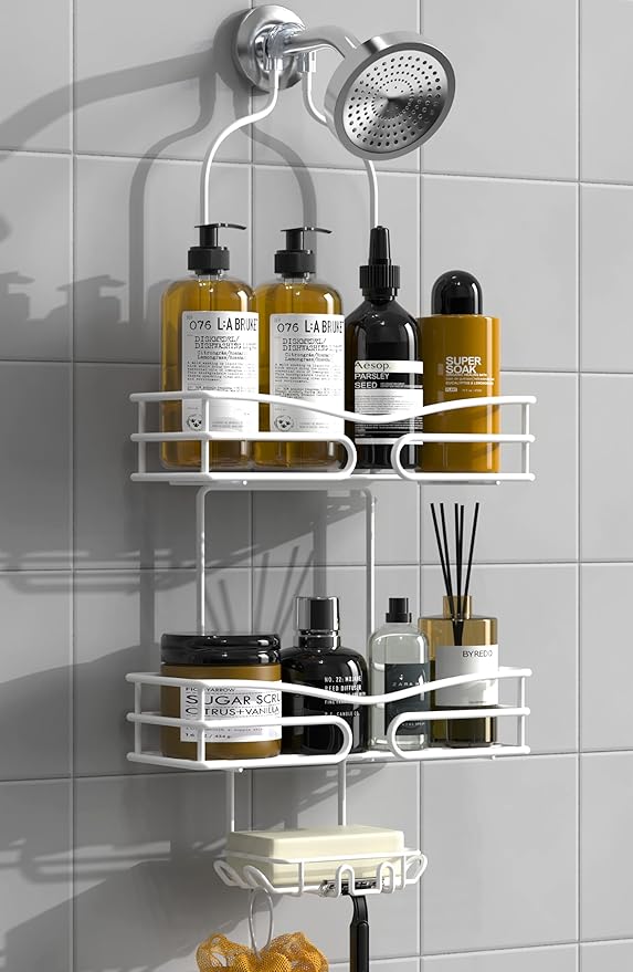 Over Head Shower Caddy - Bathroom Shower Organizer with Soap Holder & 6 Hooks for Towels, White, 76L Capacity, Hanging Mount, Rust Resistant