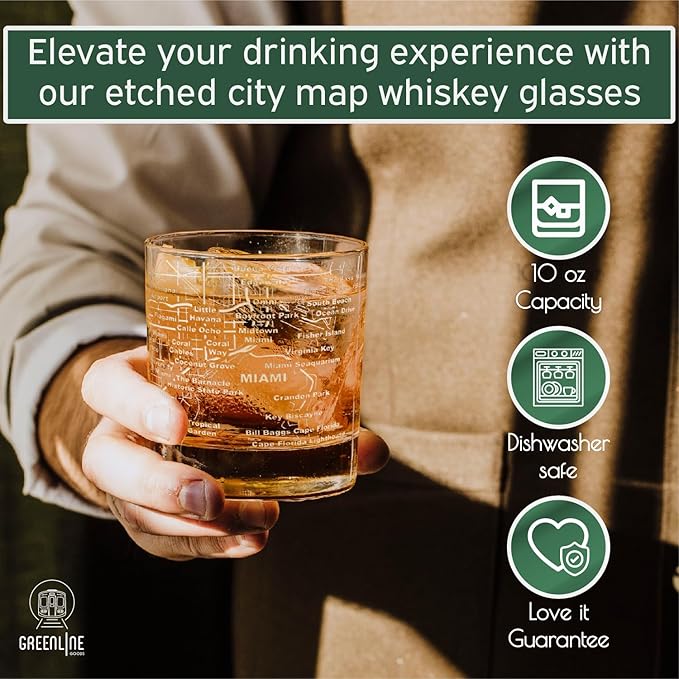 Greenline Goods Whiskey Glasses - 10 Oz Tumbler Set for Miami lovers, Etched with Miami City Map Old Fashioned Rocks Glass - Set of 2