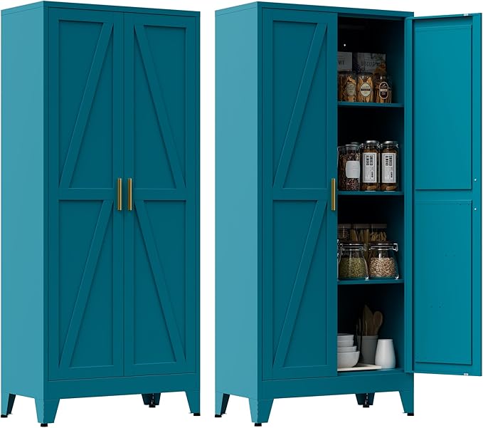 61" Tall Metal Pantry Cabinet, Kitchen Storage Cabinet with 2 Doors and 3 Adjustable Shelves for Kitchen, Living Room, Dining Room, Bathroom and Home, Office (Blue, 61" H)