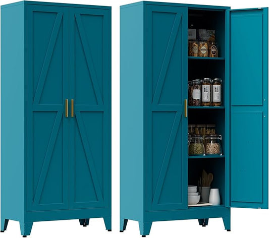 61" Tall Metal Pantry Cabinet, Kitchen Storage Cabinet with 2 Doors and 3 Adjustable Shelves for Kitchen, Living Room, Dining Room, Bathroom and Home, Office (Blue, 61" H)