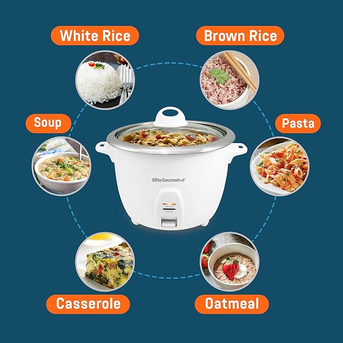 Elite Gourmet ERC-2010 Electric Rice Cooker with Stainless Steel Inner Pot Makes Soups, Stews, Grains, Cereals, Keep Warm Feature, 10 Cooked (5 Cups Uncooked), White